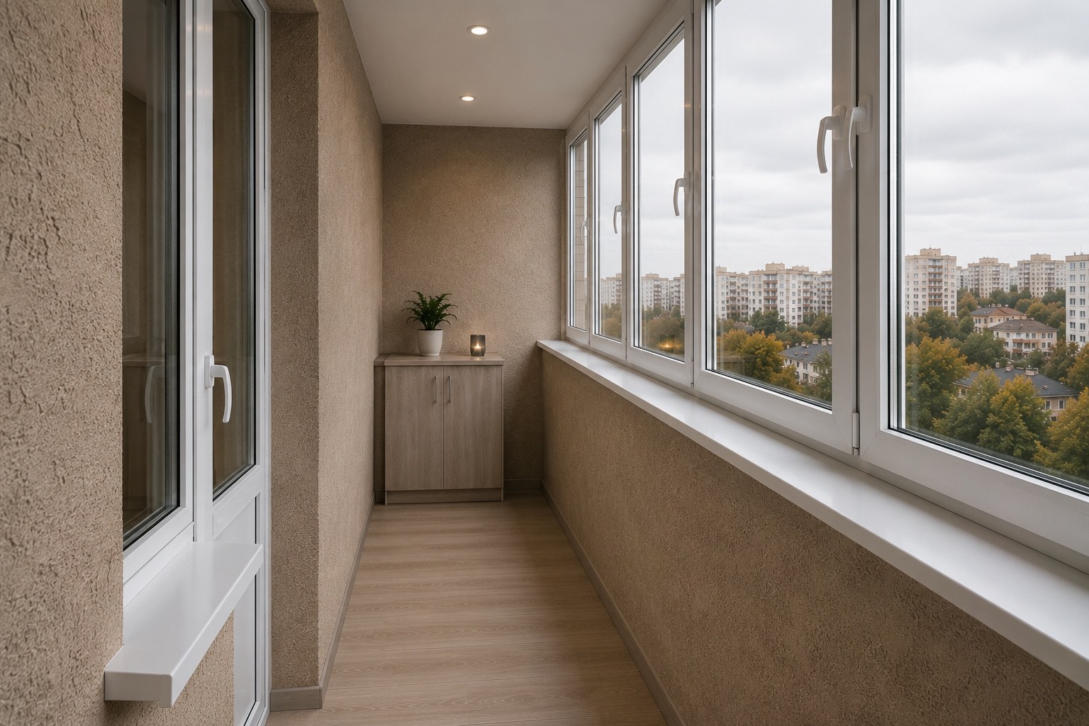 3 m loggia finished with fine-grained mineral decorative plaster in Riga